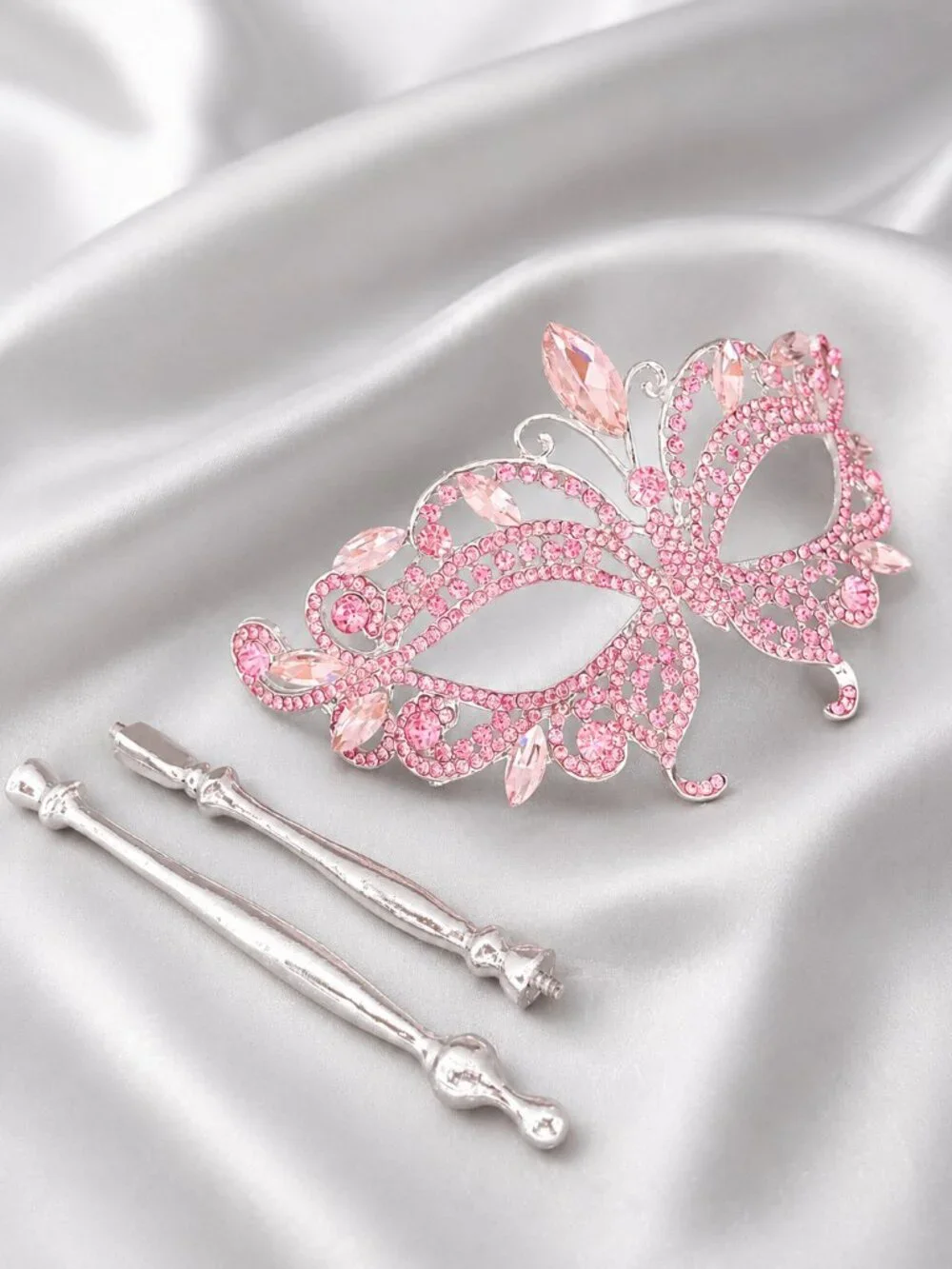 Pink Crystal Masquerade Mask with Silver Stick,Wedding Photo Prop, Prom Mask